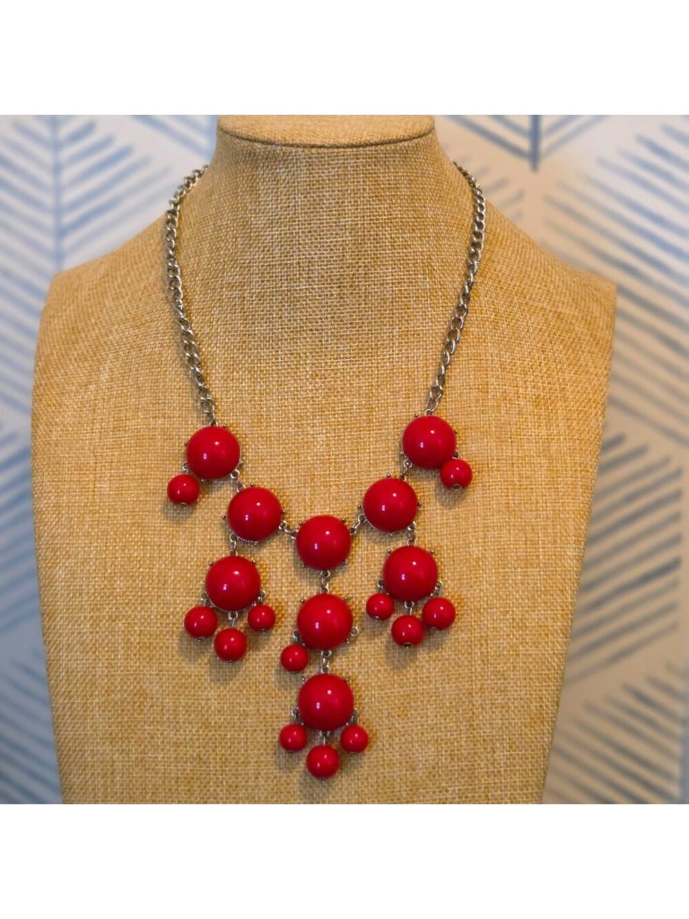 Red Dangling Beaded Silver Tone 24" Statement Necklace